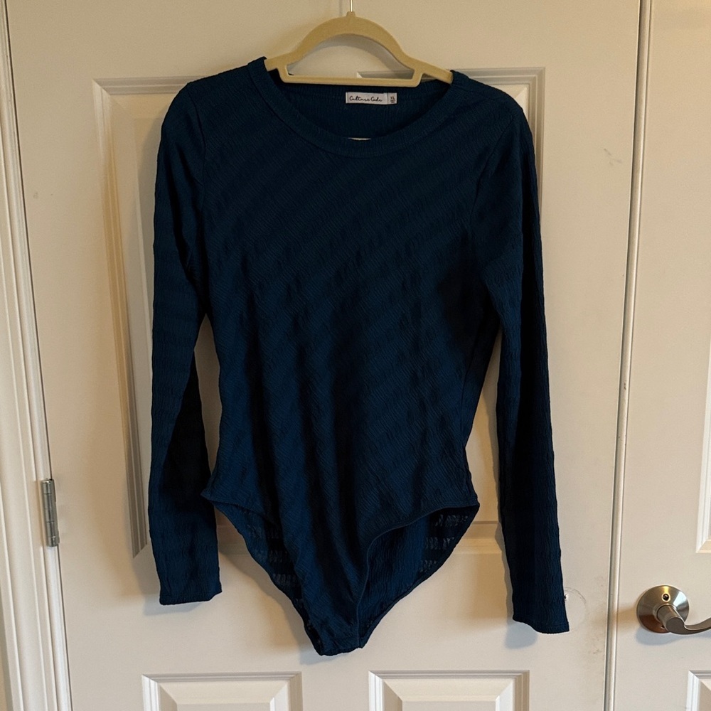 Culture Code Amina Crew Neck Textured Dark Teal Long Sleeve Bodysuit Size XL - Picture 2 of 10